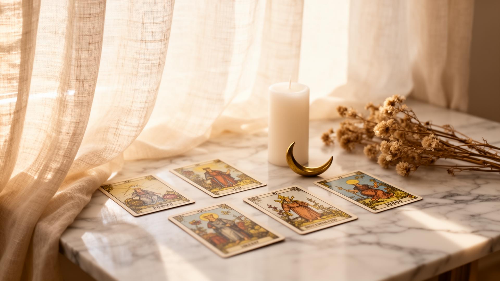 A hooded figure in candlelight surrounded by tarot cards and golden moons